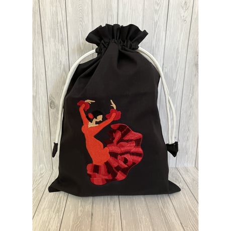 【K-4⑩】手刺繍フラメンコ巾着（ベージュ地１）　Design④