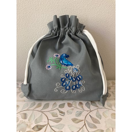 【K-12】コルカタ手刺繍ミニ巾着（クジャク2）