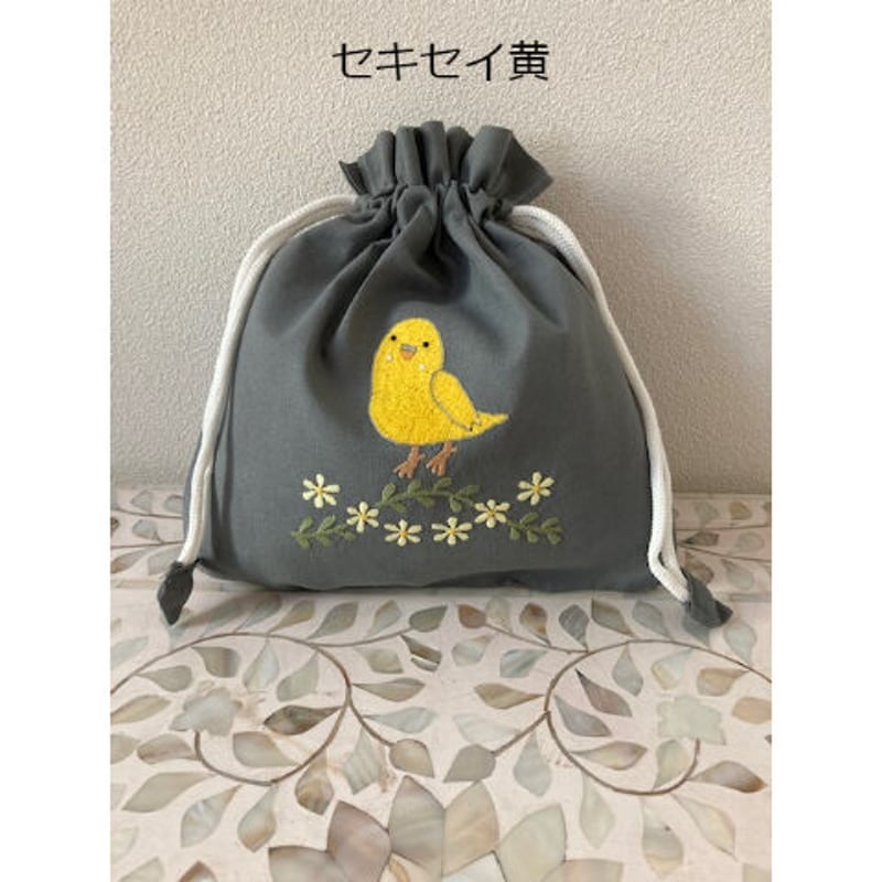 ミニチュア着物　刺繍打掛　ゴマページ K-8】手刺繍インコ ミニ巾着 | Rangeen Dhaaga 北澤商店