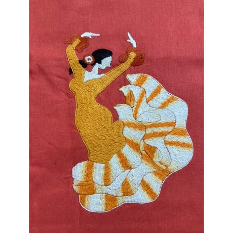 【K-4⑥】手刺繍フラメンコ巾着（オレンジ地グラデーション）Design④