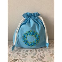 【K-13⑩】コルカタ手刺繍ミニ巾着（ライトブルー）