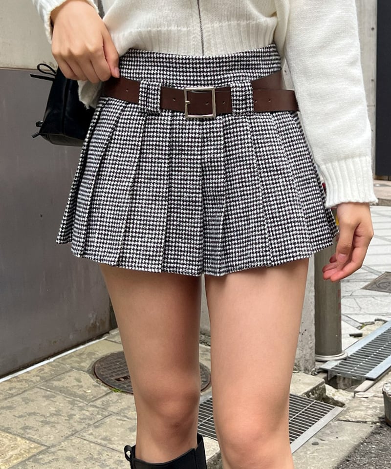 ベルト付き千鳥柄プリーツミニスカート | 韓国ファッション 高速ターミナル
