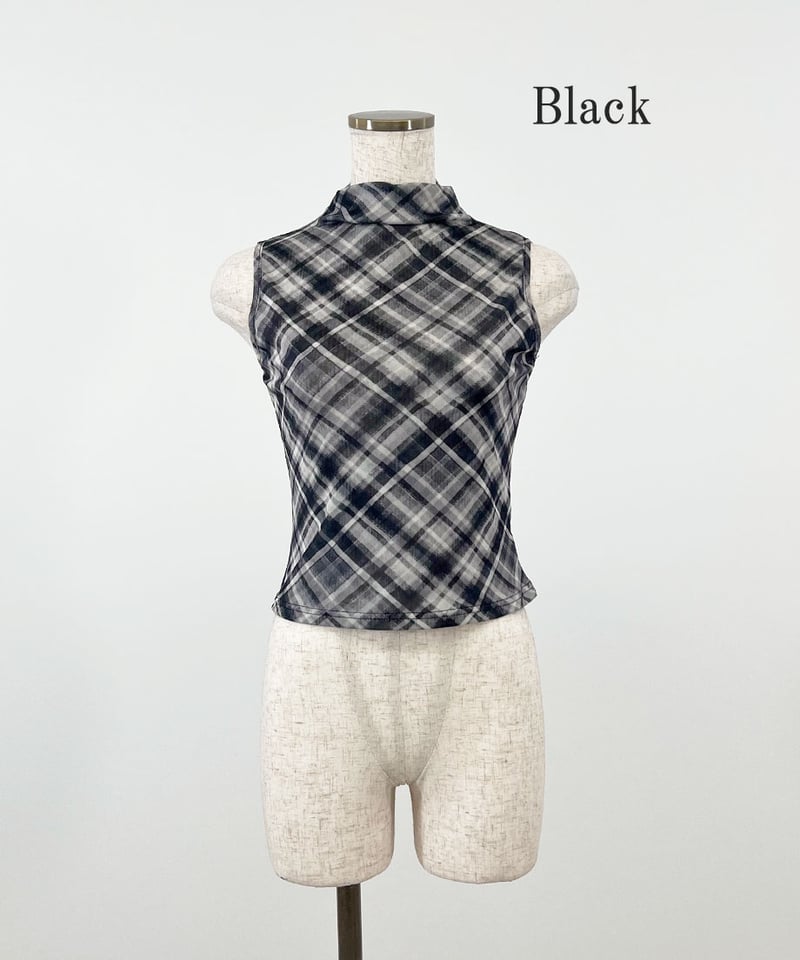 チェック柄シアーハイネックトップス | 韓国ファッション 高速ターミナル