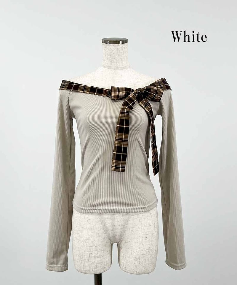 WEB限定】チェックリボンオフショルダートップス | 韓国ファッション