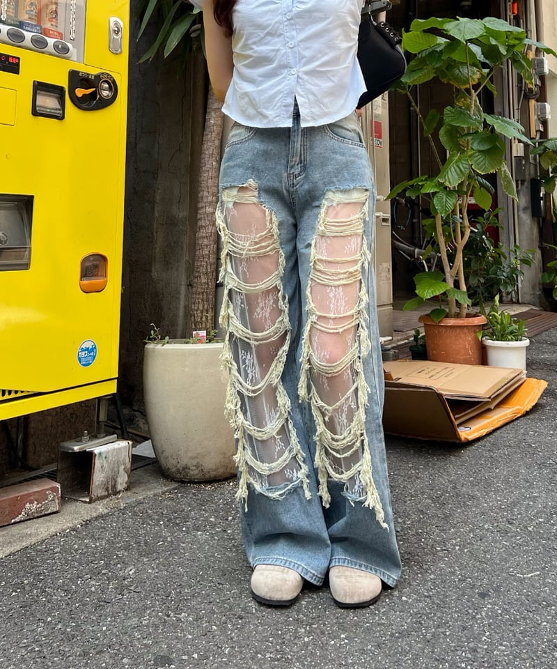 ダメージレースデニムパンツ | 韓国ファッション 高速ターミナル