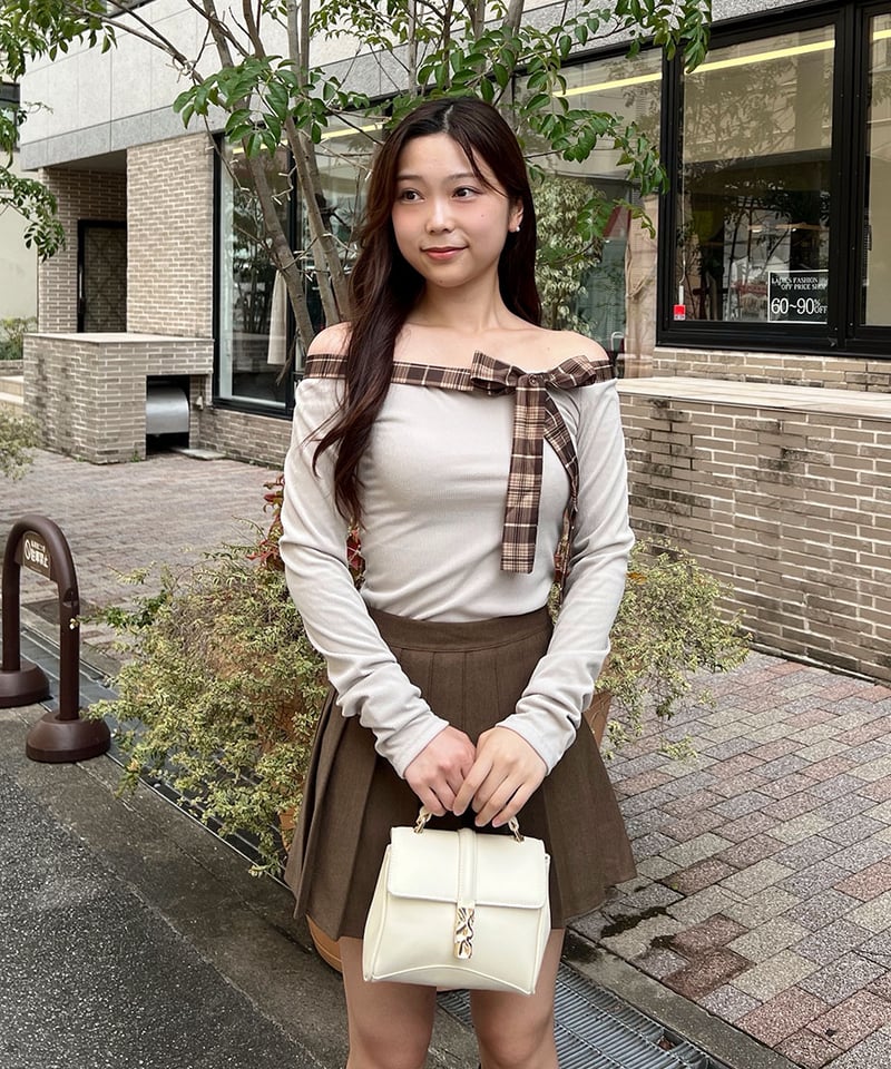 チェックビッグリボンオフショルトップス BIGリボンオフショルBL|ems excite | RETRO GIRL ONLINE STORE レトロ