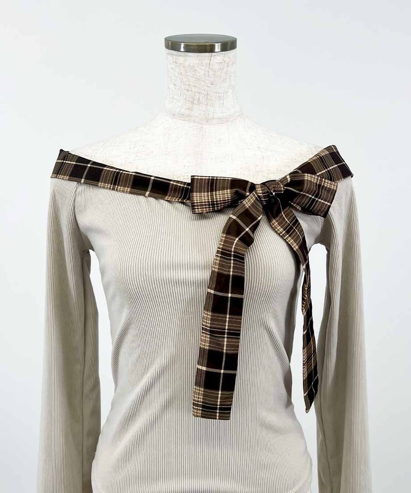 WEB限定】チェックリボンオフショルダートップス | 韓国ファッション