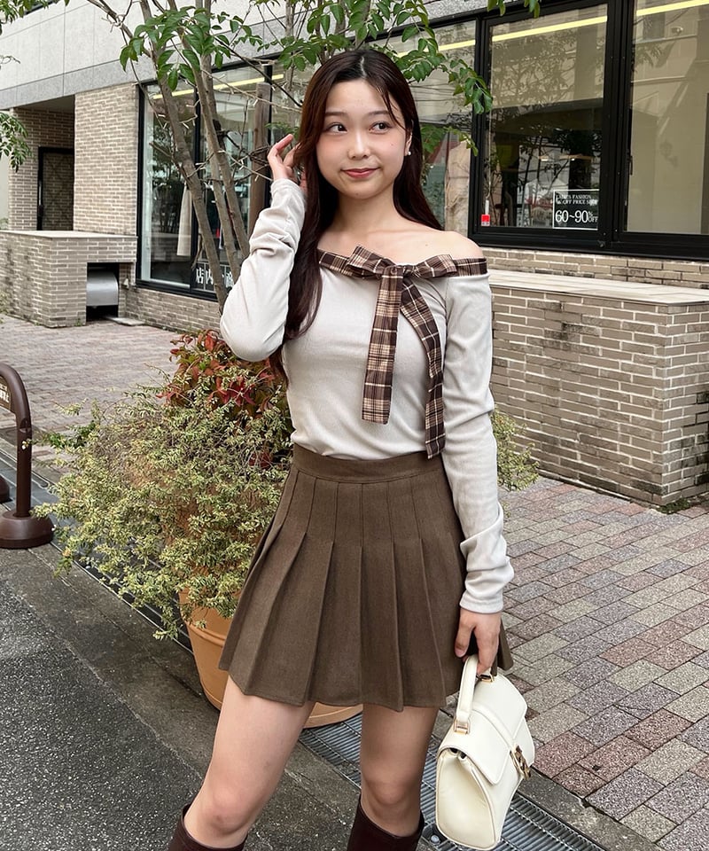 チェックビッグリボンオフショルトップス WEB限定】チェックリボンオフショルダートップス | 韓国ファッション