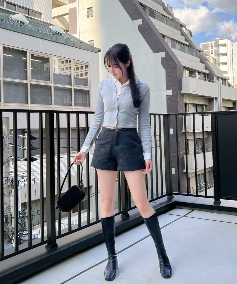 Dalfwin 韓国ファッション ダメージニットドッキングデザインシャツ 韓国ファッション ダメージニットドッキングデザインシャツ