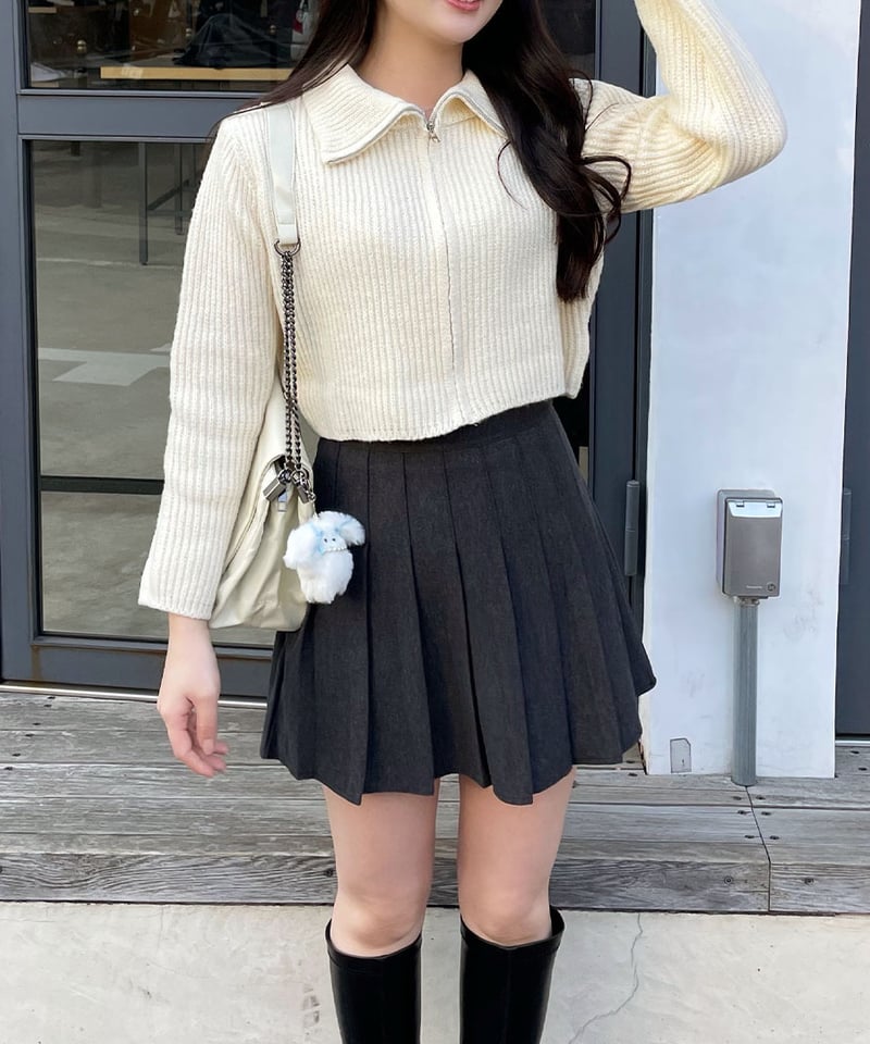 セットアップ ダブルジッパー ニット 襟付 スカート 韓国 n1052 襟付きジップニットトップス | 韓国ファッション 高速ターミナル
