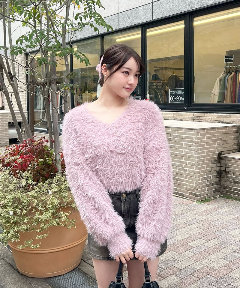 ピガール シャギー Vネックニット ピンク シャギーVネックニット | 韓国ファッション 高速ターミナル