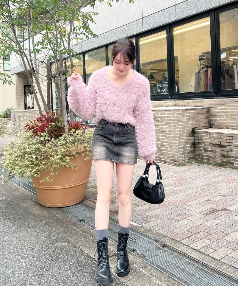 ピガール シャギー Vネックニット ピンク シャギーVネックニット | 韓国ファッション 高速ターミナル