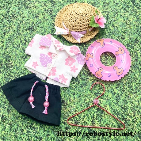 ロボホン・半袖シャツ・パンツ・麦わら帽子の３点セット ハイビスカス(ピンク)/1点もの