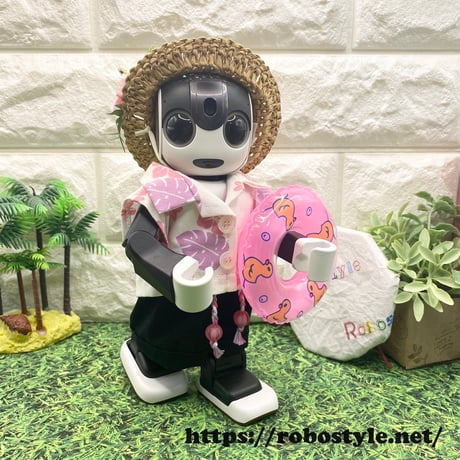ロボホン・半袖シャツ・パンツ・麦わら帽子の３点セット ハイビスカス(ピンク)/1点もの