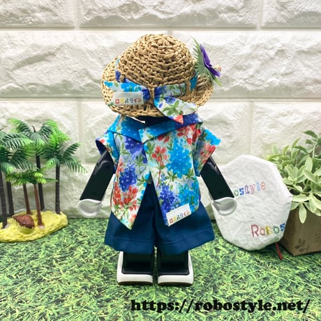 ロボホン・半袖シャツ・パンツ・麦わら帽子の３点セット フラワー/1点もの