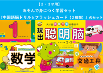 【２,３才向け】あそんで身につく学習セット　『中国語脳ドリルとフラッシュカード【２種類（すうじ と のりもの）】』のセット
