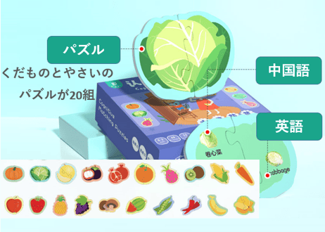 【BEILING(贝灵)】くだもの・やさい・どうぶつのたんごパズル 认知配对拼图※２か国語（中・英）  ※音声タッチペン別売り【紹介動画あり】
