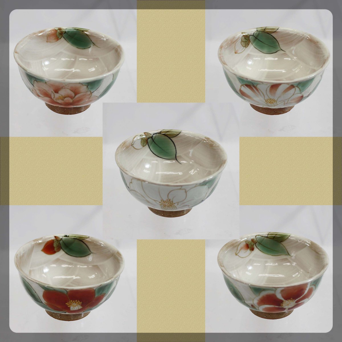 京焼 清水焼 陶あん窯 白掛彩 虐げ 草花 お茶呑み茶碗 5客組 京焼 清水焼 陶あん窯 白掛彩 虐げ 草花 お茶呑み茶碗 5客組
