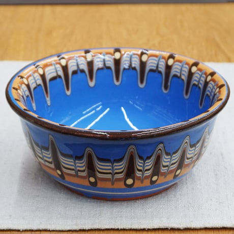 食器 ブルガリア トロヤン 中 ボール 15cm ブルー スリップウェア