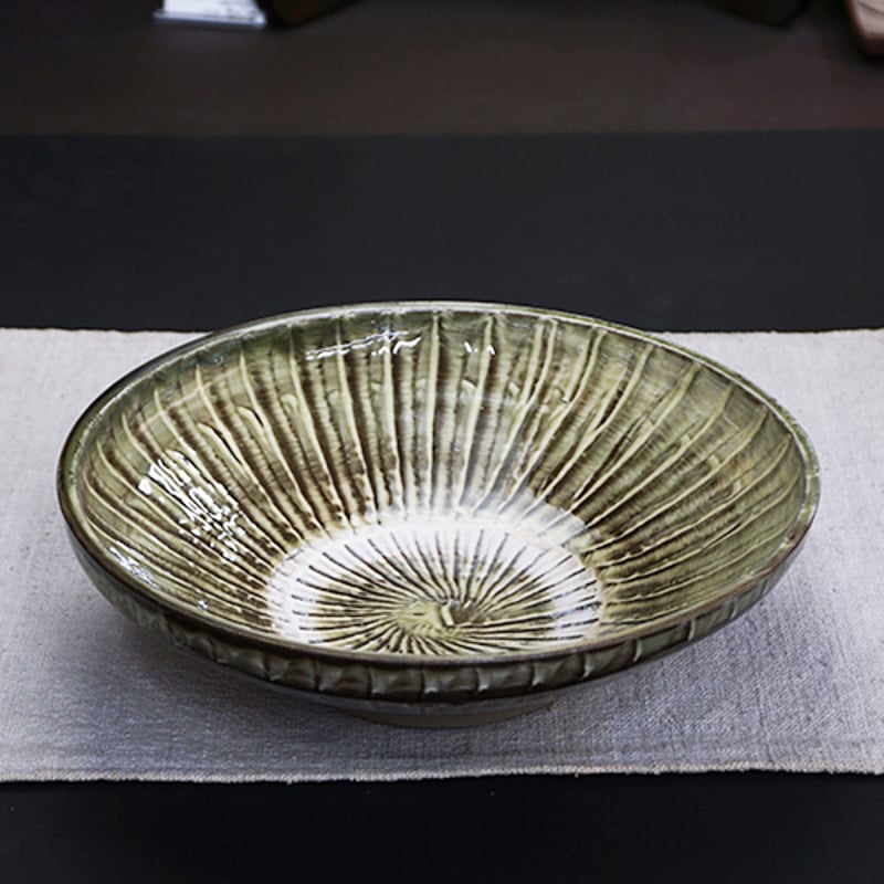 和食器 小鹿田焼 黒木昌伸窯 浅 大鉢 21cm 刷毛目 緑 | うつわの店
