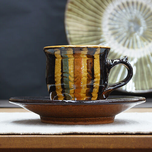 和食器 布志名焼 湯町窯 カップ＆ソーサー 150cc 鶉紋飴釉 三彩