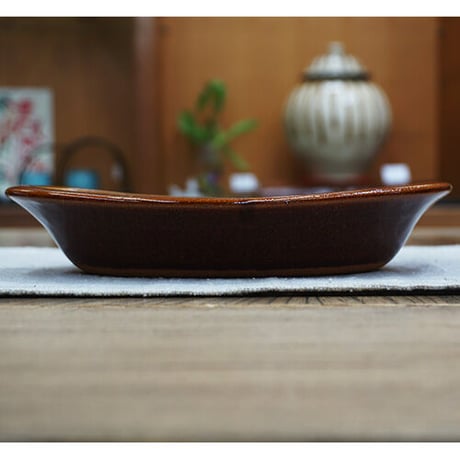 和食器 布志名焼 湯町窯 オーバル 皿 21cm 浪紋濃茶 黄釉