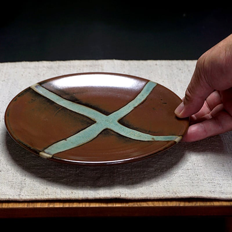 和食器 益子焼 大皿 18cm 柿釉 十字紋 | うつわの店 クラフトなかつか