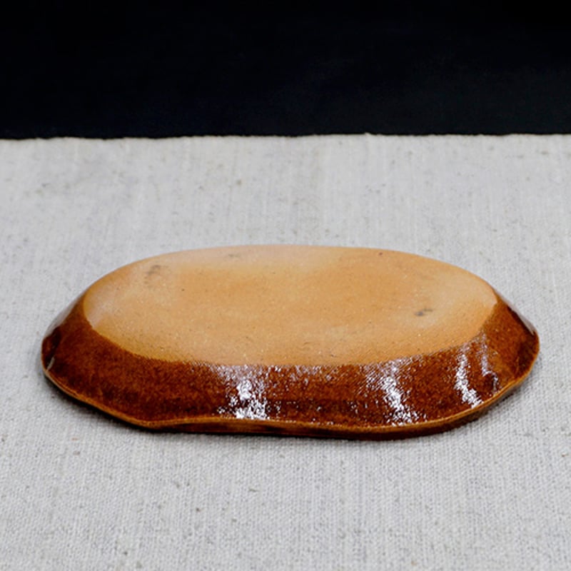 和食器 布志名焼 湯町窯 小判型 小皿 12cm 浪紋濃茶 黄釉