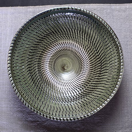 和食器 小鹿田焼 黒木昌伸窯 浅 大鉢 21cm 飛び鉋 緑
