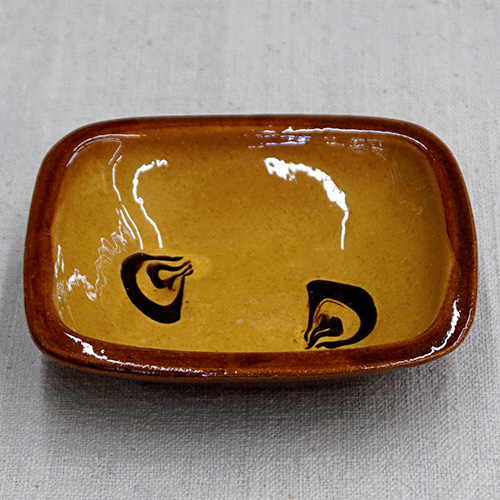 布志名焼 民芸 小皿4枚 十文字模様 昭和レトロ 和食器 布志名焼 湯町窯 角 小皿 12cm 渦紋濃茶 黄釉 | うつわの店