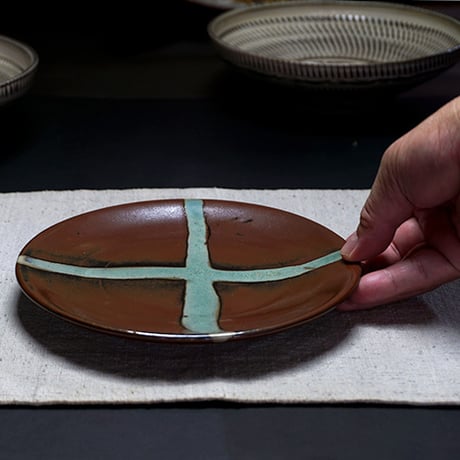和食器 益子焼 大皿 18cm 柿釉 十字紋