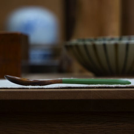 漆器 デザート用 木のスプーン 15cm グリーン