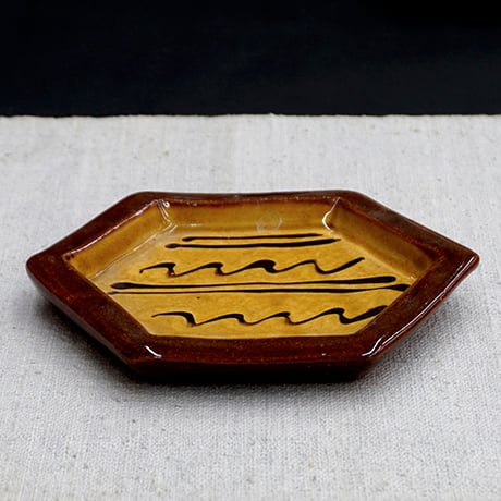 和食器 布志名焼 湯町窯 六角 小皿 12cm 浪紋濃茶 黄釉