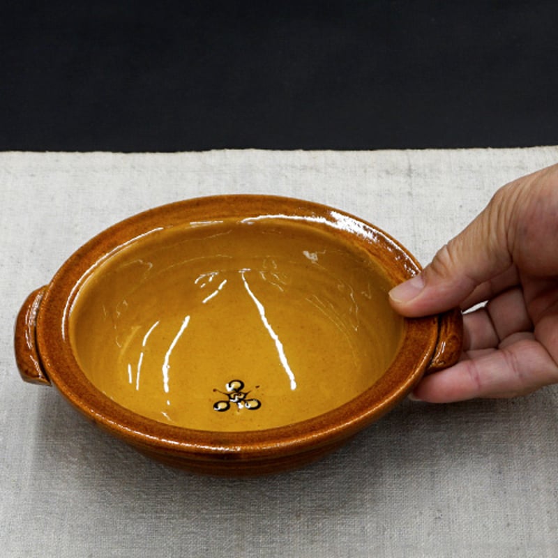 和食器 布志名焼 湯町窯 手付 浅鉢 15cm 花紋濃茶 黄釉 | うつわ