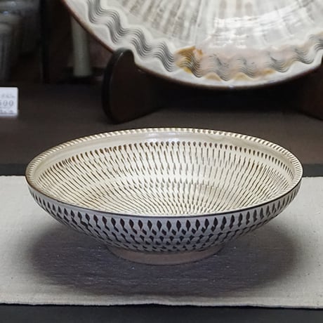 和食器 小鹿田焼 黒木昌伸窯 浅 大鉢 21cm 飛び鉋 白