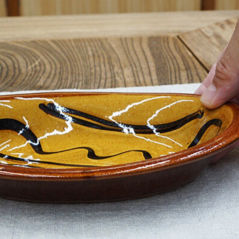 和食器 布志名焼 湯町窯 オーバル 皿 21cm 浪紋濃茶 黄釉 和食器 布志名焼 湯町窯 オーバル 皿 21cm 浪紋濃茶 黄釉