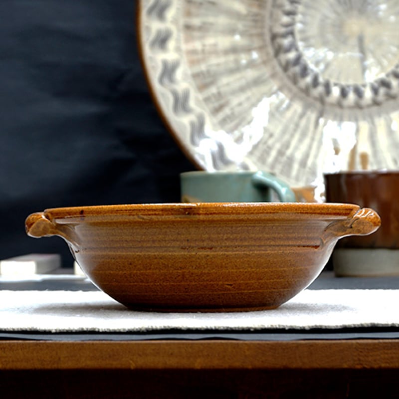 和食器 布志名焼 湯町窯 手付 浅鉢 15cm 花紋濃茶 黄釉 | うつわ