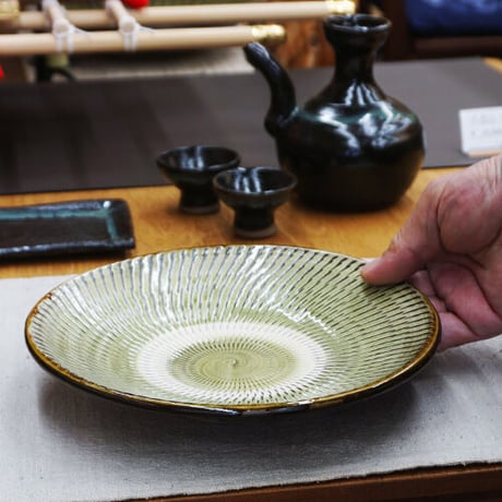 和食器 小鹿田焼 黒木昌伸窯 大皿 21cm 飛び鉋 緑