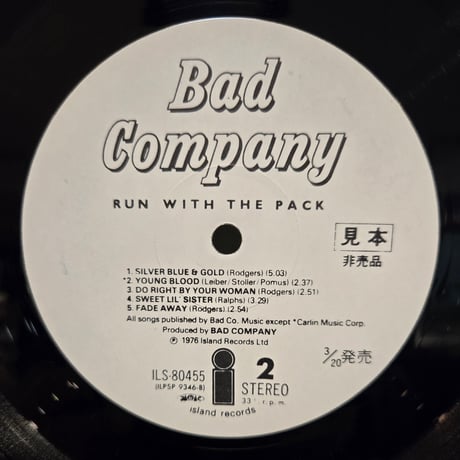 (LP )BAD COMPANY /RUN WITH THE RUN -THIRD  1976JAP 白ラベル見本盤　帯付　状態良好
