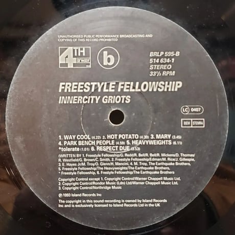(LP )FREESTYLE FELLOWSHIP/ INNERCITY GRIOTS 93 UK ORIG ヒップホップ入手困難盤 状態良好