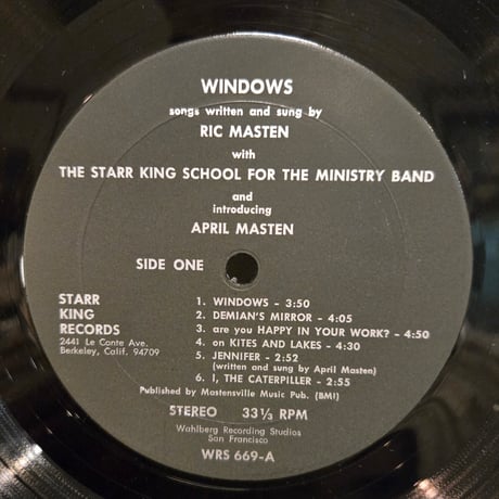 (LP )RIC MASTEN WITH THE STARR KING SCHOOL ～「WINDOWS  」1969年PRIVATE /稀少自主制作盤　アシッド・フォーク　レア盤発見