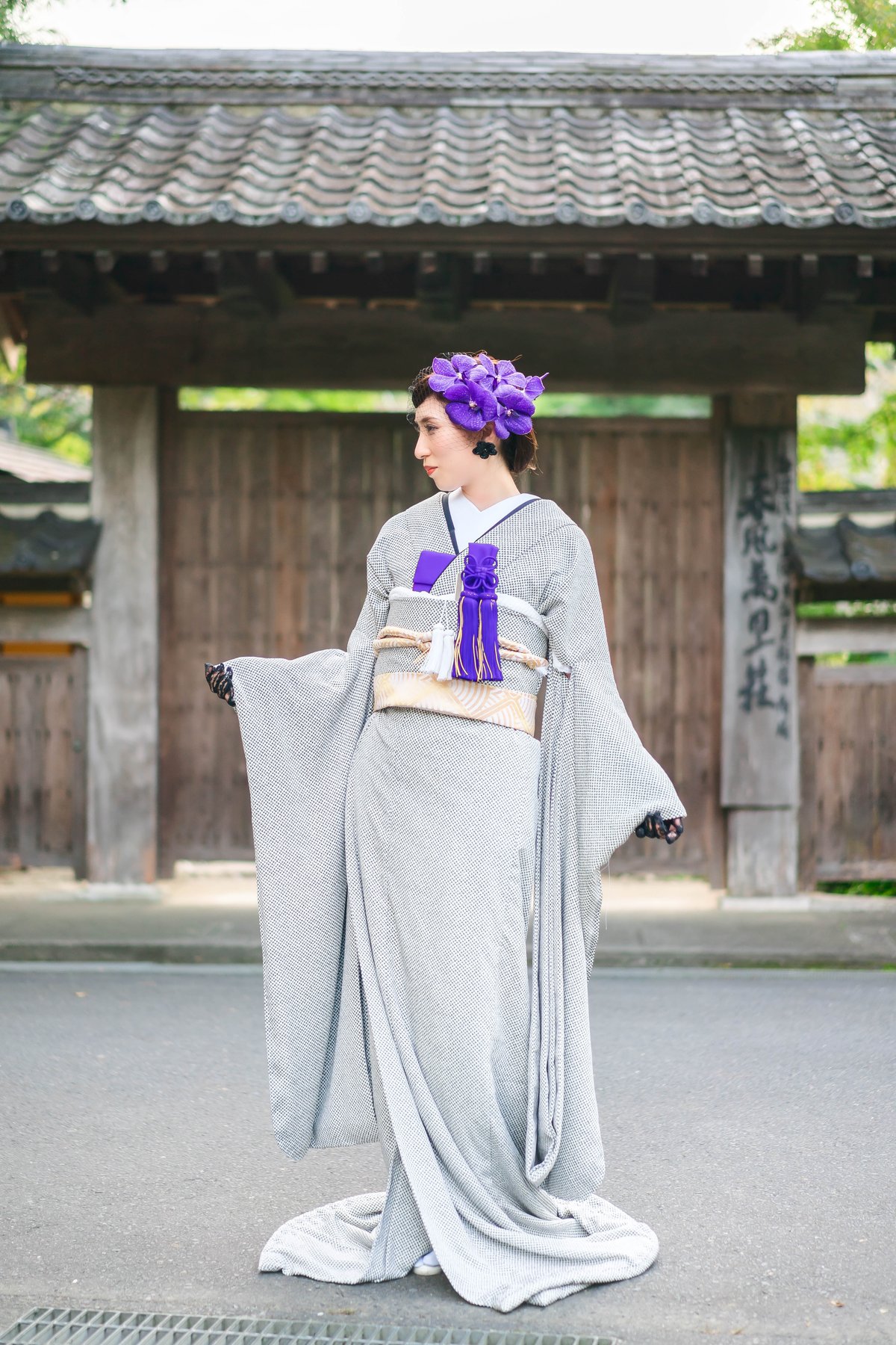 ジ*ー様 【現品特価】花嫁　　絞り風　鹿の子柄　紫系　色掛下単体 花唐草文（証紙付 乳白色 織名古屋帯 鹿子井山田製 銀座【H-0825】西陣 着物・浴衣