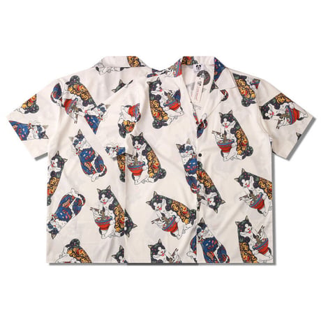 アロハシャツ 猫 総柄 襟付き シャツ 半袖 トップス 夏