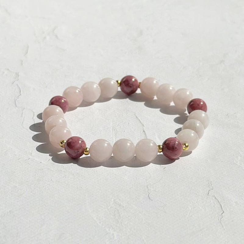癒しのオルゴナイト❤️ロードナイト ＋ローズクォーツのハート型♡ ローズクォーツとロードナイトのブレスレット | 88Stone