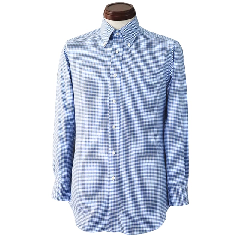 ボタンダウン ワイシャツ ギンガムチェック ブルー 長袖 綿100％ 日本