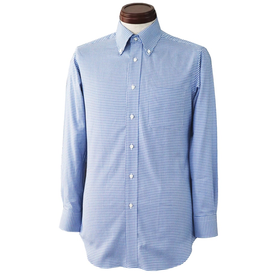 ボタンダウン ワイシャツ ギンガムチェック ブルー 長袖 綿100％ 日本製 （2104201#25）