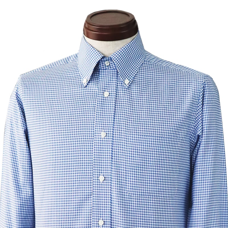 ボタンダウン ワイシャツ ギンガムチェック ブルー 長袖 綿100％ 日本製 （2104201#25）