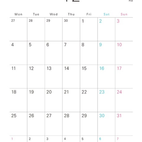 書き込みやすいシンプルカレンダー［2023年12月］ 月曜始まり・A4サイズ