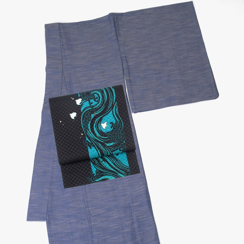 美品‼️会津木綿着物　単衣　黒無地 単衣 紬 黒無地に青 ゆったりサイズ - からん::アンティーク着物