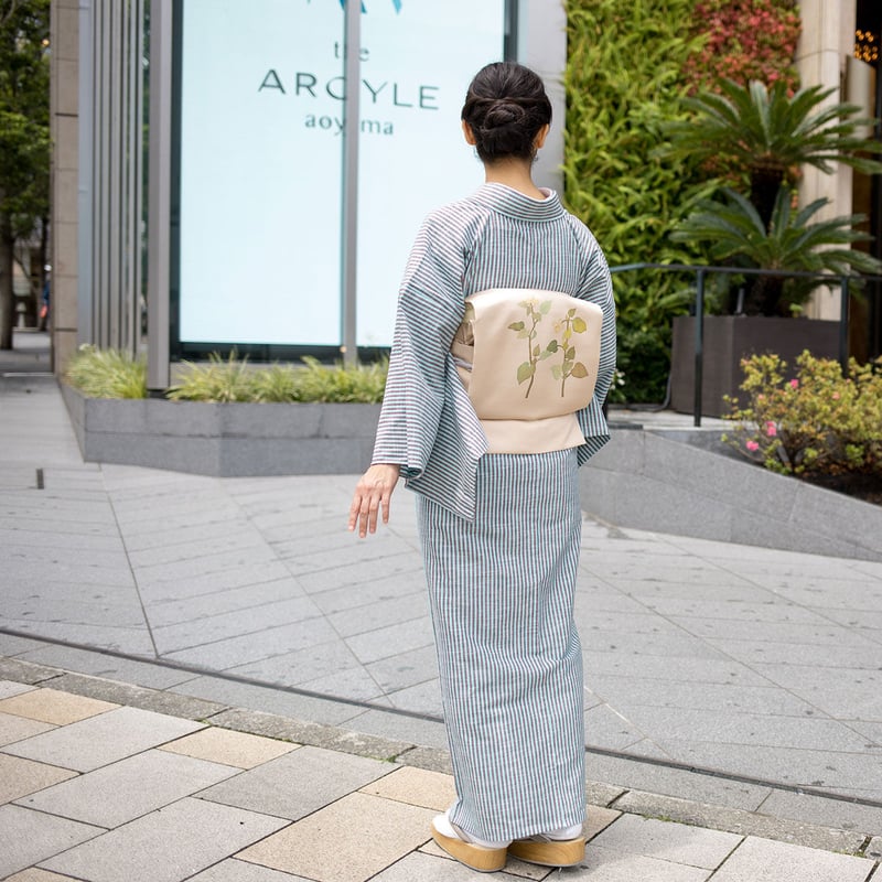 会津木綿 きもの 棒縞（チョコミント） レディース お仕立て込み